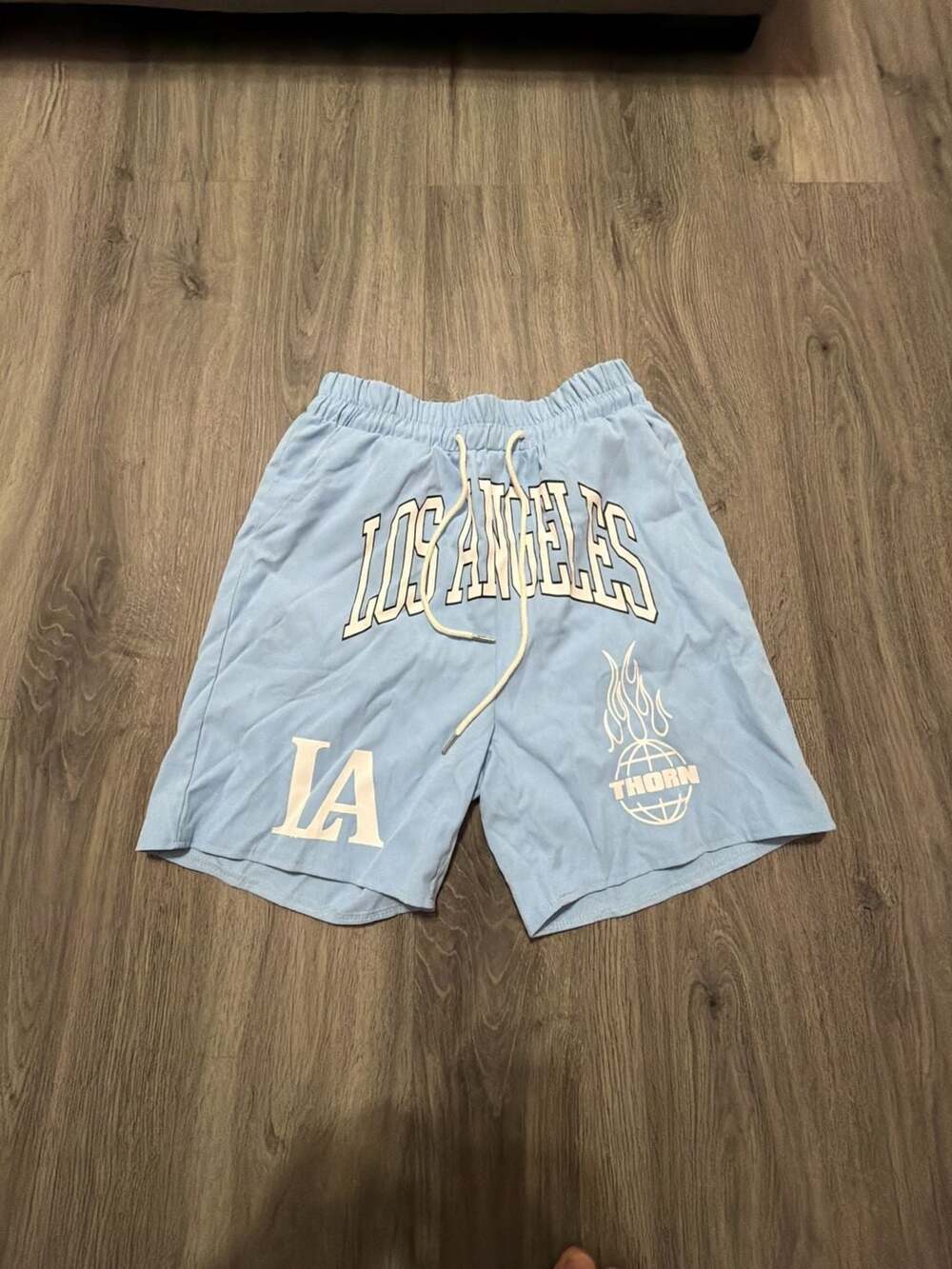 Romwe Thorn Los Angeles LA Letter Graphic Print Light Blue Drawstring Shorts